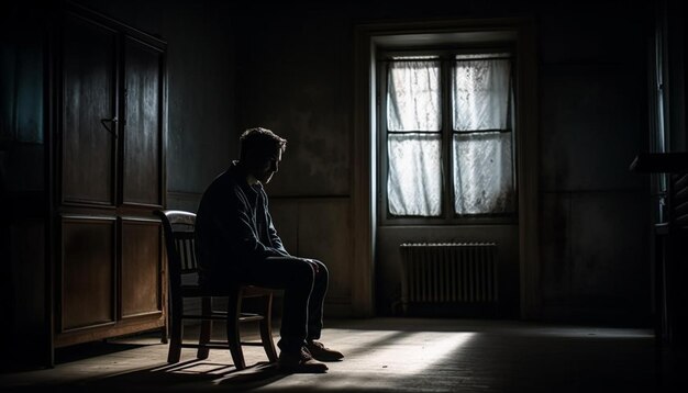 Trauriger Geschäftsmann sitzt allein in dunkler Einsamkeit, die von KI erzeugt wird