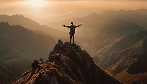 Kostenloses Foto triumphierend auf der spitze eines felsigen berggipfels stehend, von ki erzeugte arme erhoben