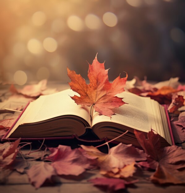 Trockene Herbstblätter mit Buch