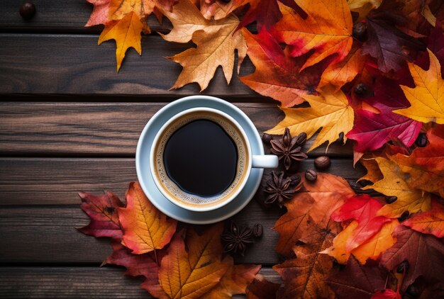 Trockene Herbstblätter mit Kaffeetasse