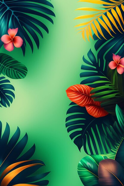 Tropische Blätter und Blumen auf grünem Hintergrund.