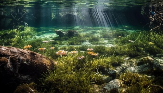 Tropische Fische schwimmen in einem ruhigen, von KI erzeugten Unterwasserparadies