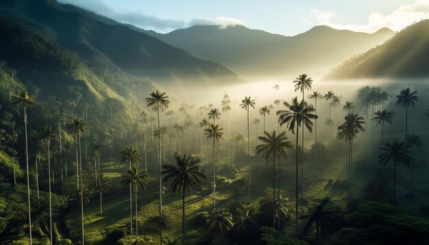 Tropische Sonnenuntergangspalmen, Bergsilhouettenschönheit, generiert von KI