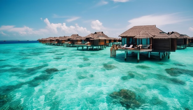 Kostenloses Foto tropischer bungalow auf türkisfarbenem wasser mit von ki generierten palmen