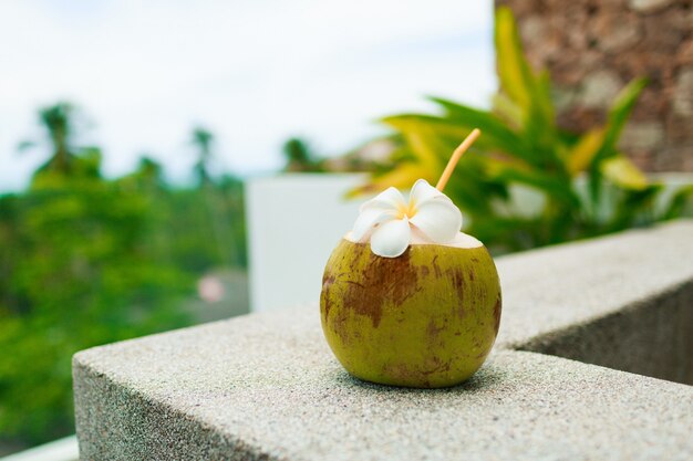 Tropischer Kokosnusscocktail verzierte Plumeria auf dem Tisch.