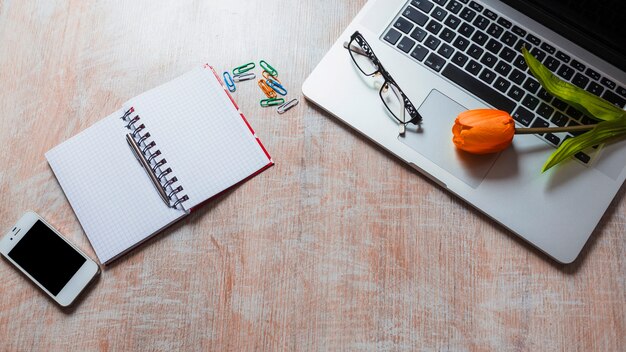 Tulpe und Brille auf Laptop mit Briefpapier auf hölzernem Hintergrund