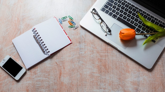 Tulpe und Brille auf Laptop mit Briefpapier auf hölzernem Hintergrund