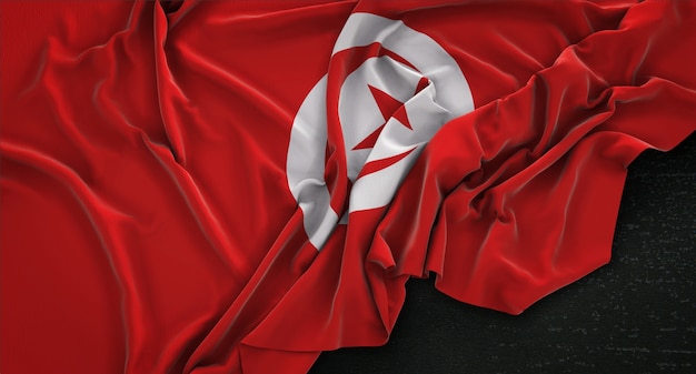 Tunesien Fahne geknickt auf dunklem Hintergrund 3D Render
