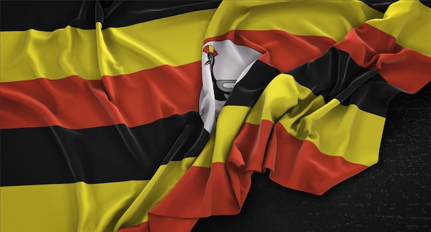 Uganda-Flagge geknickt auf dunklem Hintergrund 3D Render