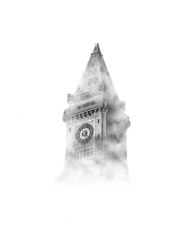 Kostenlose Foto uhrturm, der durch dichten nebel auf weißem hintergrund auftaucht
