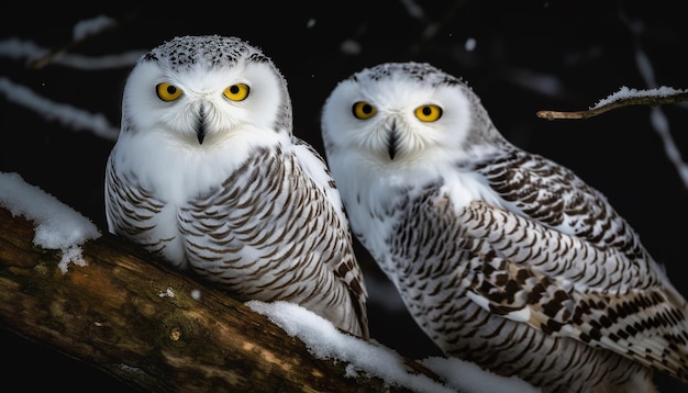 Uhu hockt auf schneebedecktem Ast und starrt an, generiert von KI