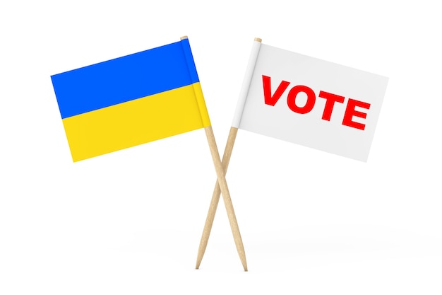 Ukraine-flagge und weiße flagge mit abstimmungszeichen auf weißem hintergrund. 3d-rendering