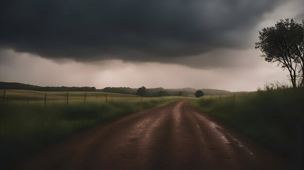 Unbefestigte Straße auf dem Land mit dunklen Gewitterwolken am Himmel