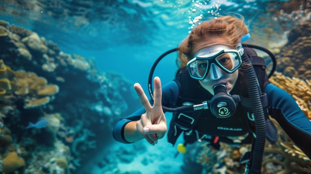 Kostenloses Foto underwater portrait of scuba diver exploring the sea world