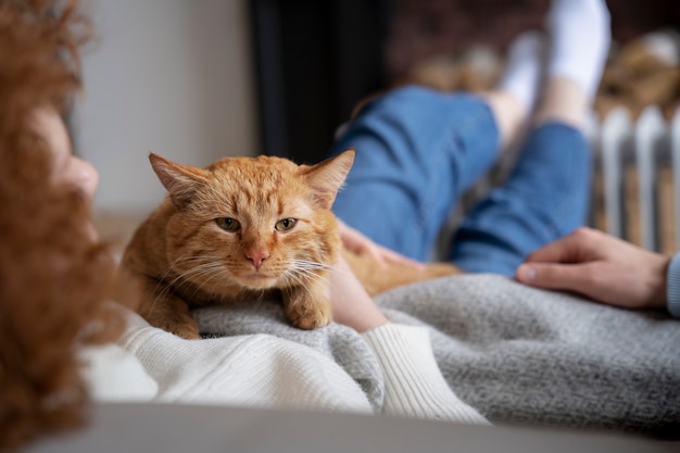 Undeutliche Frau, die nette Katze hält