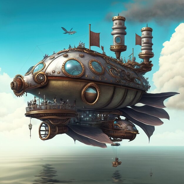 Unglaublicher großer Steampunk-Ballon, der über der Wasseroberfläche schwebt, Illustrationen generative ai