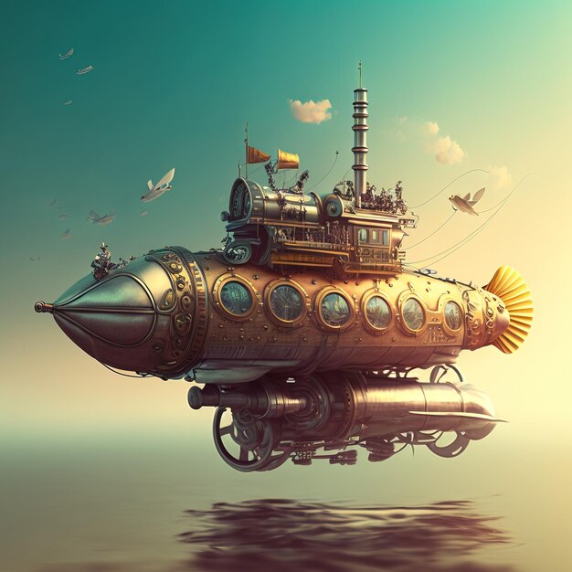 Unglaublicher großer Steampunk-Ballon, der über der Wasseroberfläche schwebt, Illustrationen generative ai
