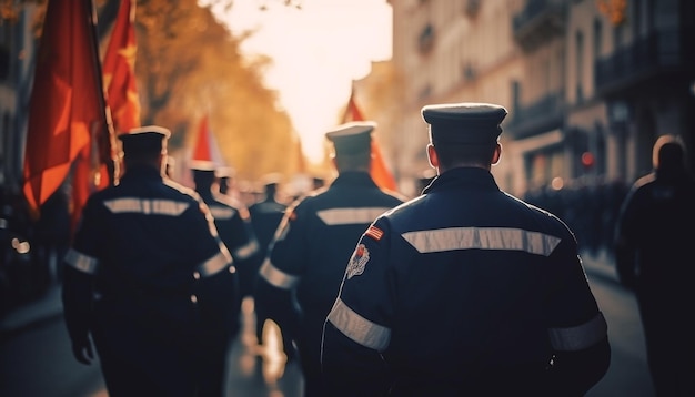 Uniformierte Männer marschieren in Paradestadt und feiern den durch KI erzeugten Patriotismus