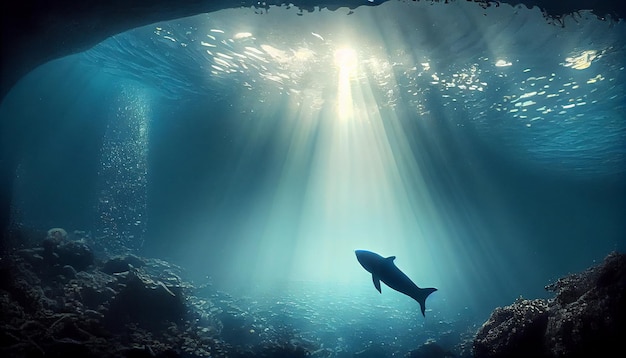Unterwasser-Abenteuer, blaue Meereslandschaft, eine Delphin-Silhouette, generative KI