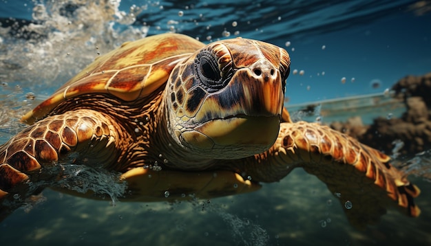 Kostenloses Foto unterwasserschildkröte schwimmt im blauen meer, umgeben von korallen, die durch künstliche intelligenz erzeugt wurden