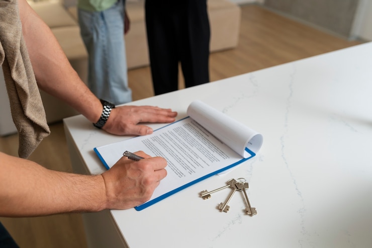 Kostenlose Foto unterzeichnungsdokument des käufers in seitenansicht