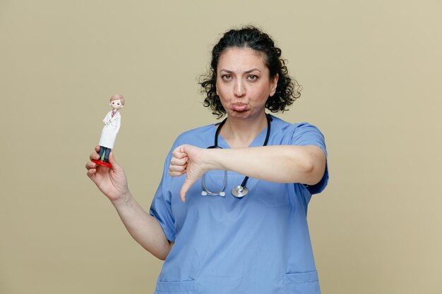 Unzufriedene Ärztin mittleren Alters in Uniform und Stethoskop um den Hals, die eine Arztfigur zeigt, die in die Kamera blickt und den Daumen nach unten zeigt, isoliert auf olivfarbenem Hintergrund