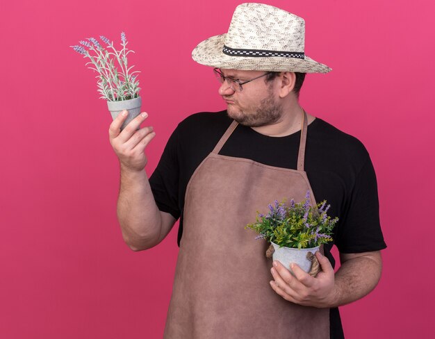 Unzufriedener junger männlicher Gärtner, der Gartenhut hält, der Blumen in den Blumentöpfen hält und betrachtet, die auf rosa Wand lokalisiert werden