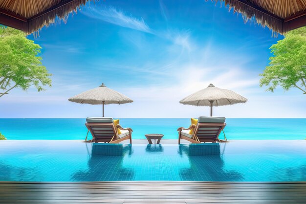 Urlaub Luxus-Resort mit Swimmingpool Hängematte und Sonnenschirmen Ai generative