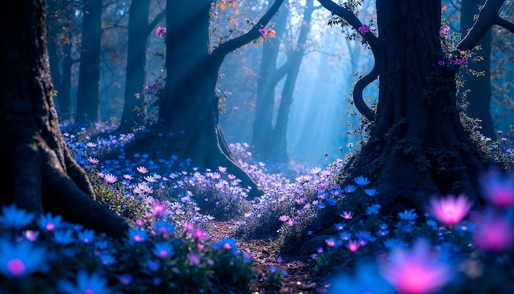 Kostenlose Foto utopische iriserende waldlandschaft