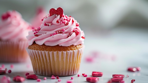 Valentinstag-Cupcake-Arrangement mit rosa Zuckerguss und herzförmigen Streuseln auf einem weißen Isolat