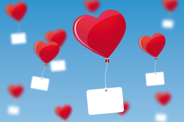 Valentinstag Hintergrunddesign mit Herzballons und leeren Tags