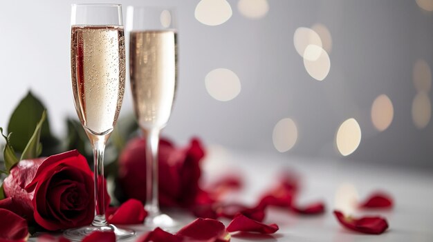 Valentinstag-Postkarte mit Champagnergläsern und Rosen zur Feier des Valentinstags auf weißem Hintergrund