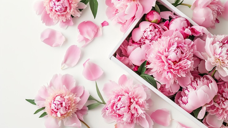 Kostenlose Foto valentinstag-postkarte mit rosa pfingstrosen in einer schachtel auf weißem hintergrund