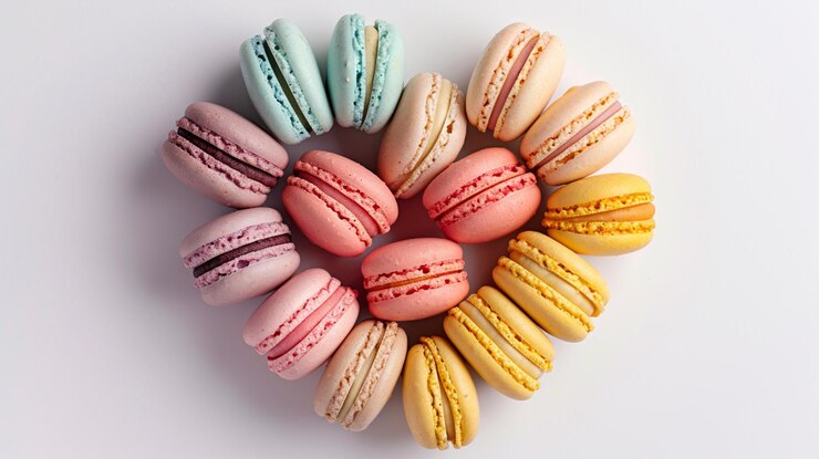 Kostenlose Foto valentinstagspostkarte mit verschiedenen macarons in pastelltönen, die herzförmig auf einem prisen angeordnet sind