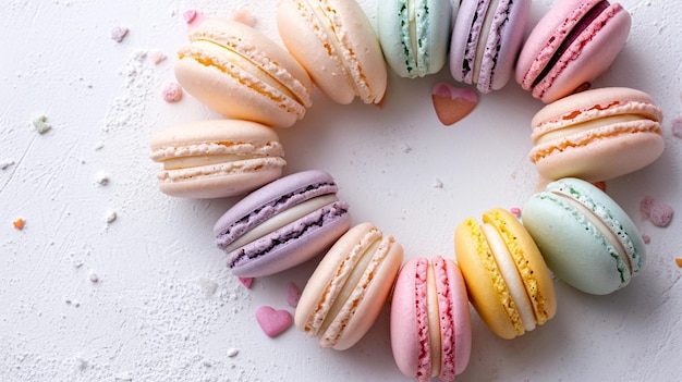 Kostenloses Foto valentinstagspostkarte mit verschiedenen macarons in pastelltönen, die herzförmig auf einem prisen angeordnet sind
