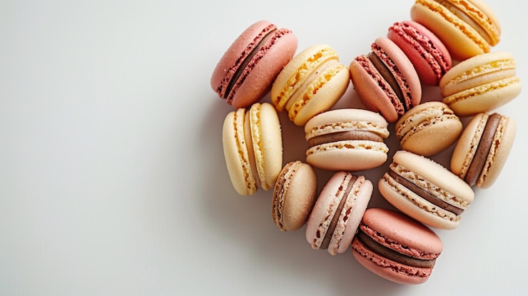 Kostenlose Foto valentinstagspostkarte mit verschiedenen macarons in pastelltönen, die herzförmig auf einem prisen angeordnet sind