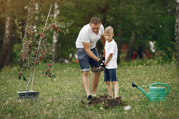 Vater mit kleinem sohn pflanzen einen baum auf einem yard