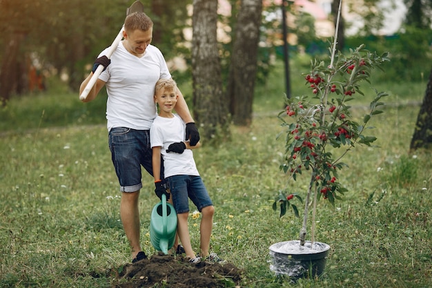 Vater mit kleinem Sohn pflanzen einen Baum auf einem Yard
