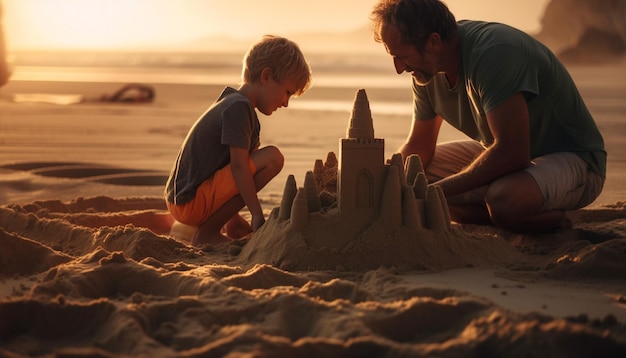 Vater und Sohn lachen beim Bau von Sandburgen, die von KI generiert werden