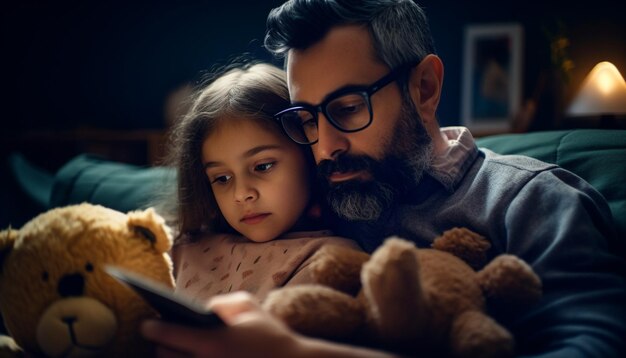 Vater und Sohn umarmten die Bindung über einen von KI generierten Teddybären