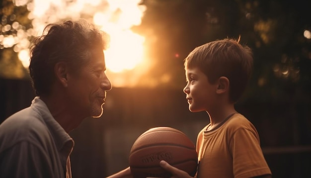 Vater und Sohn verbinden sich durch Sport im Freien, der von KI generiert wird