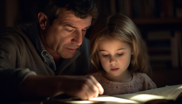 Vater und Tochter lesen gemeinsam ein Buch.