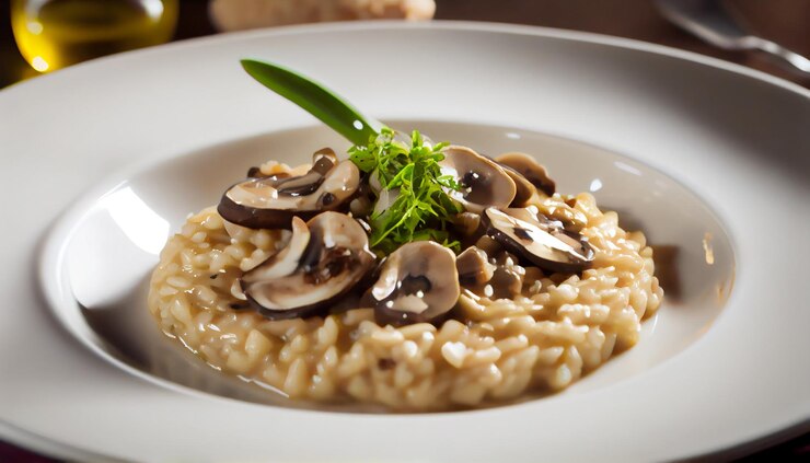 Kostenlose Foto vegetarisches risotto mit frischen champignons und parmesankäse aus ki
