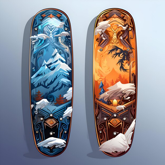 Kostenloses Foto vektorillustration eines snowboards mit bergen und wald im hintergrund