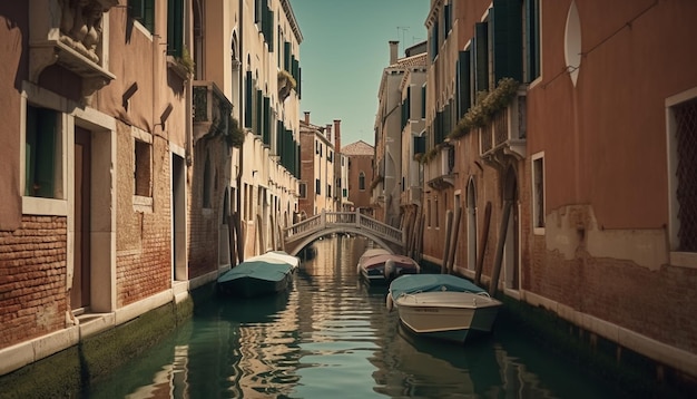 Venezianischer Gondoliere navigiert in der Abenddämmerung durch einen schmalen Kanal, der von KI generiert wurde