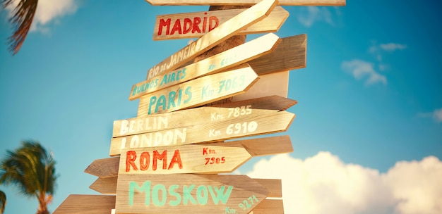 Verkehrsstraßenschild einschließlich Moskau, Rom, London, Berlin, Paris, Rio de Janeiro auf blauem Himmelhintergrund im Retro-Stil