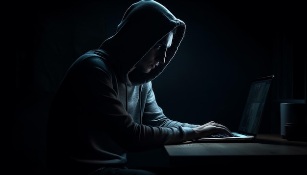 Vermummter Einbrecher tippt Verbrechen auf dunklem Laptop, generiert von KI