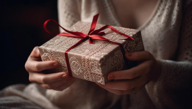 Verpackte Geschenkbox, die von einer fröhlichen Frau gehalten wird, die von KI generiert wird