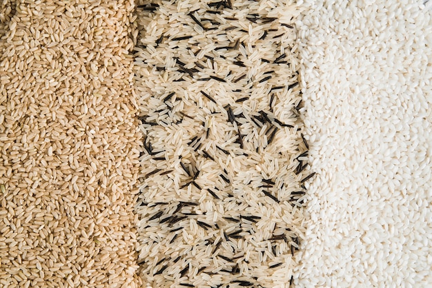 Verschiedene Arten von Reis auf dem Tisch verstreut