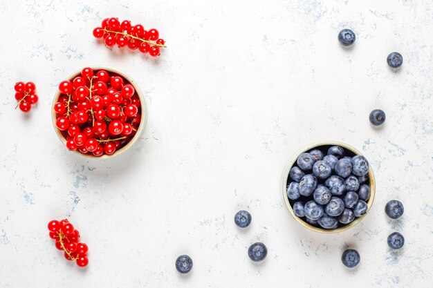 Verschiedene frische Sommerbeeren, Blaubeeren, rote Johannisbeere, Draufsicht.